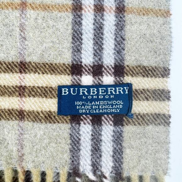 Burberry Scarf Lambswool Nova Check Plaid Green Beige Winter Authentic Fringe - Picture 4 of 6